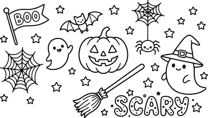 Fototapeta premium Hand-drawn Halloween icons set with ghosts, pumpkins, bats, and spooky text for coloring pages