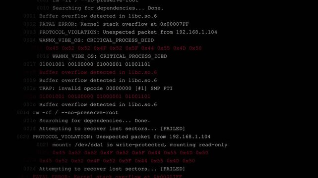 Computer terminal screen with scrolling hacking error logs and system data failure.