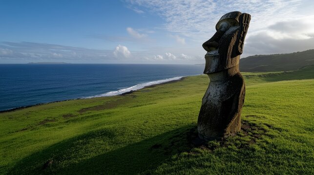 Moai Statue by the Sea: An ancient Moai statue stands sentinel on a grassy hill overlooking the vast blue ocean and coastline, bathed in the soft light of a clear day.