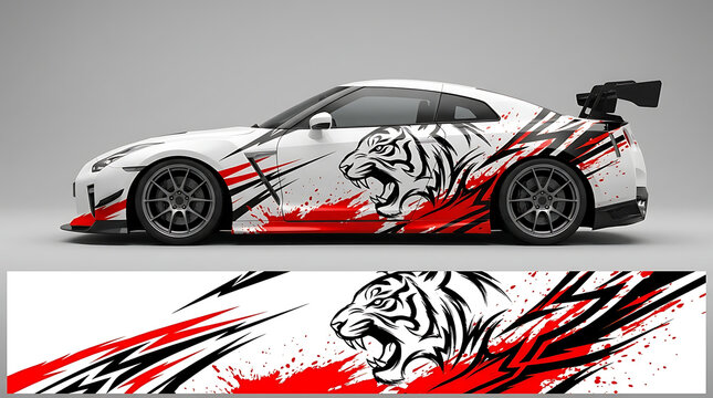 Aggressive sports car with dynamic tiger graphic wrap, showcasing high-performance automotive styling and bespoke design