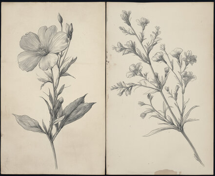 botanical pencil sketches on a white background, side by side. the left sketch features a single large flower with five petals