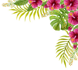 Tropical flowers corner frame. Floral tropics ornament. Watercolor painting with Hibiscus flowers and palm leaves. Tropic composition. © Marisha