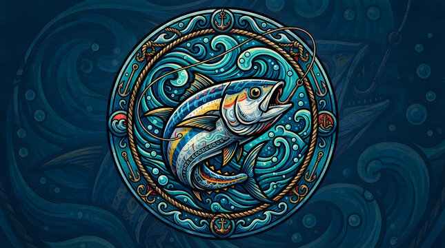 Tuna fish illustration in a circular ocean wave frame illustration