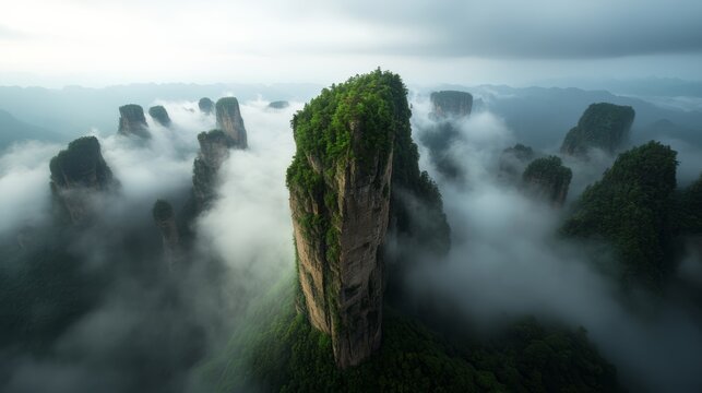 Misty Peaks and Verdant Slopes: Towering, verdant peaks pierce through a mystical layer of fog, creating an ethereal landscape of natural grandeur and serene beauty.