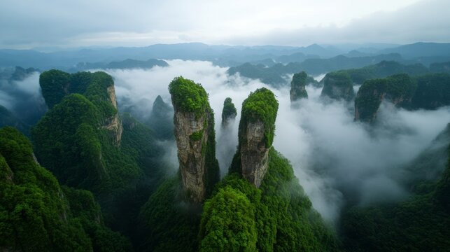 Misty Mountain Peaks: Towering, verdant peaks pierce through a blanket of ethereal mist, creating a surreal and majestic landscape that inspires awe and wonder.
