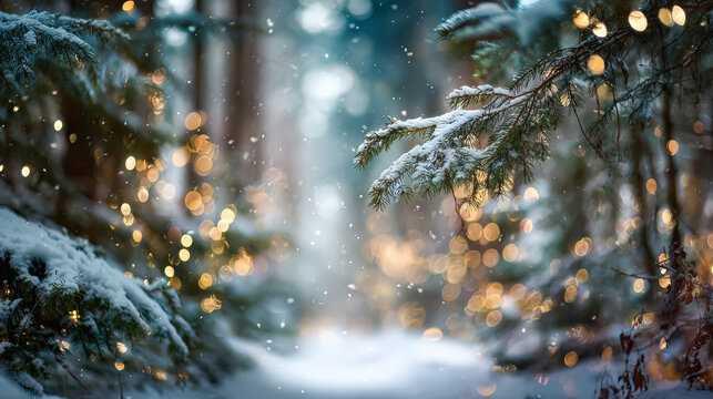 A serene snowy forest scene featuring evergreen branches adorned with twinkling lights and gently falling snow, creating a magical winter atmosphere.