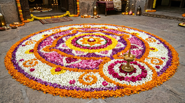 Vibrant floral pookalam design celebrating onam festival in kerala india