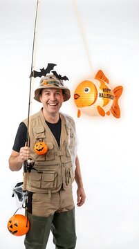 Smiling fisherman wearing a safari hat and vest holding a fish lantern