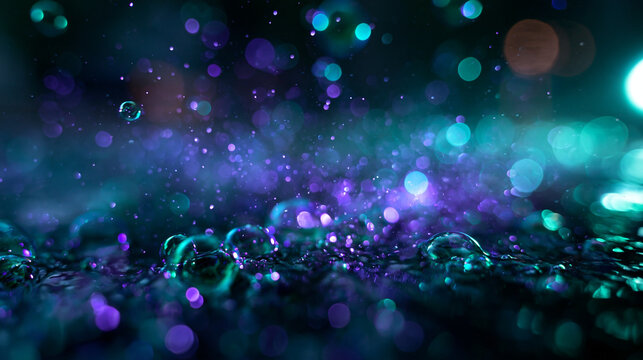 Glowing Water Droplets with Neon Bokeh Splash Abstract