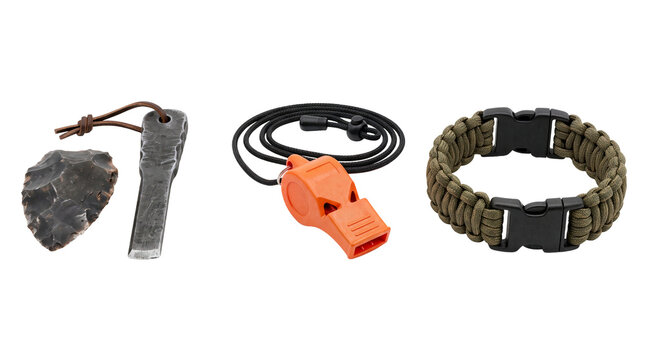 Autumn forest survival items set containing survival gear collection featuring a flint stone, metal striker, whistle, and paracord bracelet isolated on transparent background