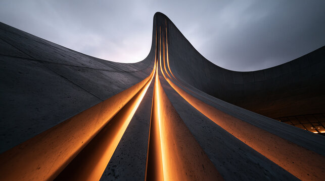 Illuminated Curved Concrete Facade of Futuristic Modern Building