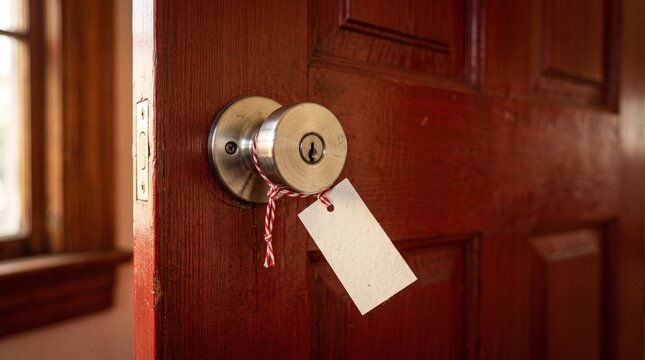 Door Knob With Note: A close-up shot of a polished metal doorknob on a deep red wooden door, with a blank white tag tied to it with twine, suggesting a message or reminder.