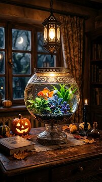 Goldfish in a decorative glass bowl on a wooden table with halloween pumpkins