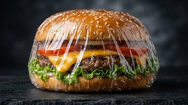 A tasty fresh beef cheeseburger wrapped in clear plastic film sitting on a dark textured table surface. cling film burgers