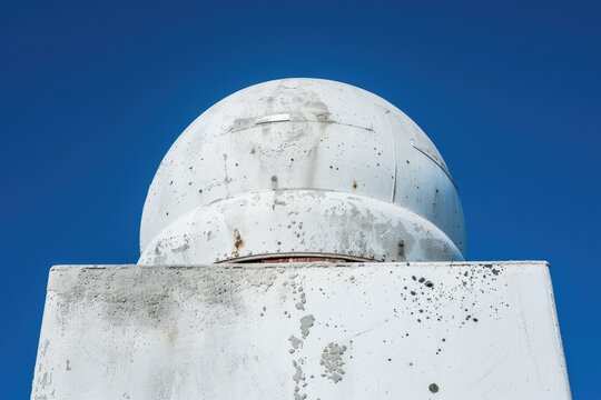 Macro View of White Weathered Spherical Radar Dome Against Clear Blue Sky