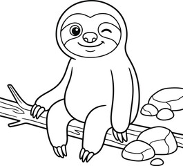 Fototapeta premium Cute cartoon sloth sitting on a tree branch with stones, coloring page for kids