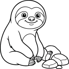 Fototapeta premium Cute cartoon sloth sitting with rocks, black and white outline illustration for coloring book page