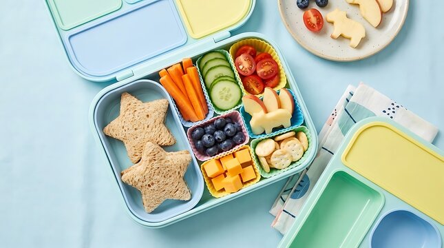 Healthy school lunch box with star shaped sandwiches fresh vegetables fruits and berries for children. customizable lunchboxes