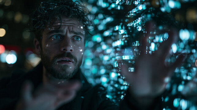 Astonished Man Interacting with Futuristic Digital Data Interface