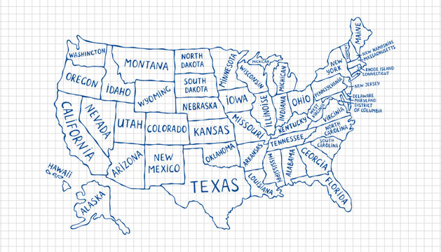 Drawn with a pen political map of the United States of America. USA borders in a doodle style isolated on a checkered background. Vector template.