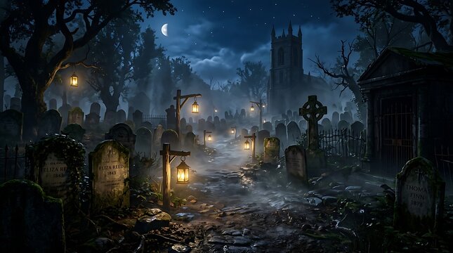 Spooky halloween graveyard landscape at night with glowing lanterns and full