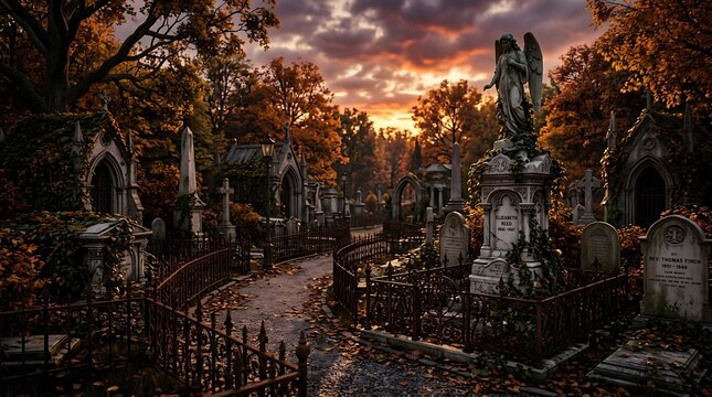 Old cemetery with gravestones and weathered angel statue during autumn sunset