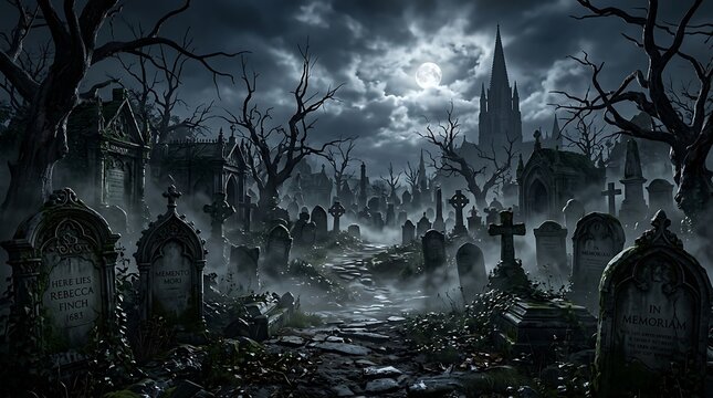 Spooky gothic cemetery at night under a full moon with ominous fog