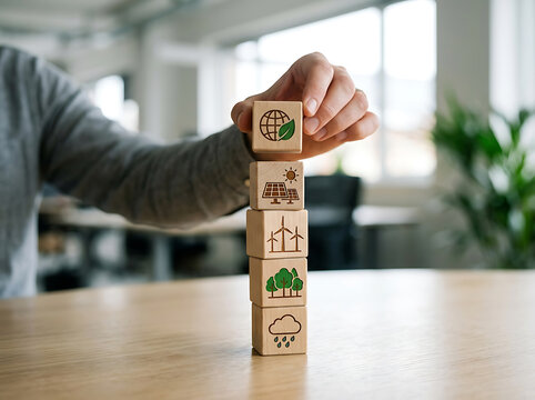 Person stacking wooden blocks in office