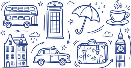 Fototapeta premium Hand drawn blue London travel vector set featuring outline icons of famous landmarks and symbols