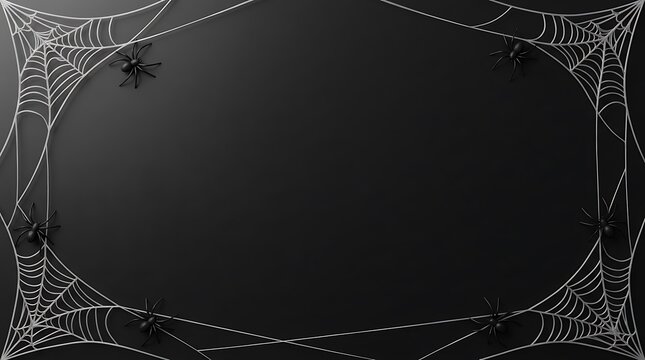 Halloween black background with spider webs and spiders border