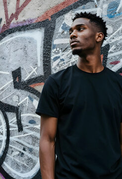 Urban youth culture and identity, young black man looking away in contemplation against a textured graffiti wall in an authentic city street environment