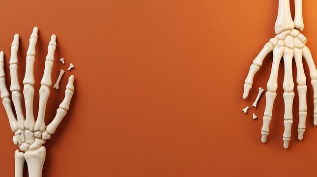 Halloween skeleton hands and bones flat lay on orange background with still life