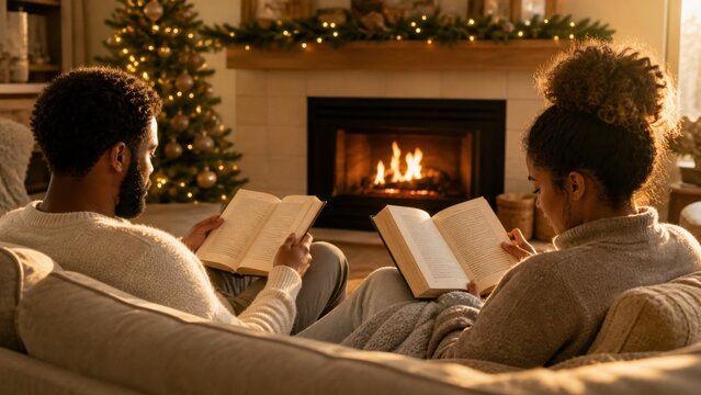 A couple reading books beside a fireplace after phones have been put away, wide environmental commercial view, for commercial stock use