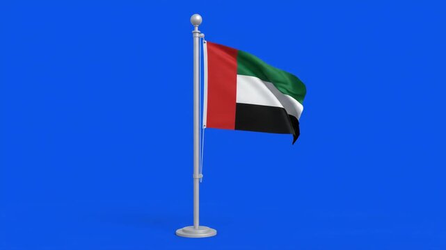United Arab Emirates flag waving on a flagpole against a blue background, representing the national symbol and patriotism of the UAE.