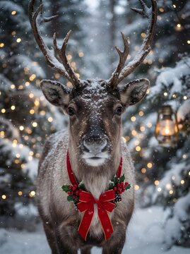 Majestic reindeer with snowy antlers and red bow in a winter wonderland scene