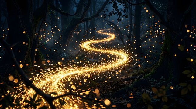 A winding illuminated pathway through a dark forest evokes a sense of mystery and enchantment