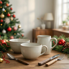 Fototapeta premium Christmas breakfast table setting, holiday hospitality and festive dining with ceramic tableware and seasonal decorations in a cozy home interior