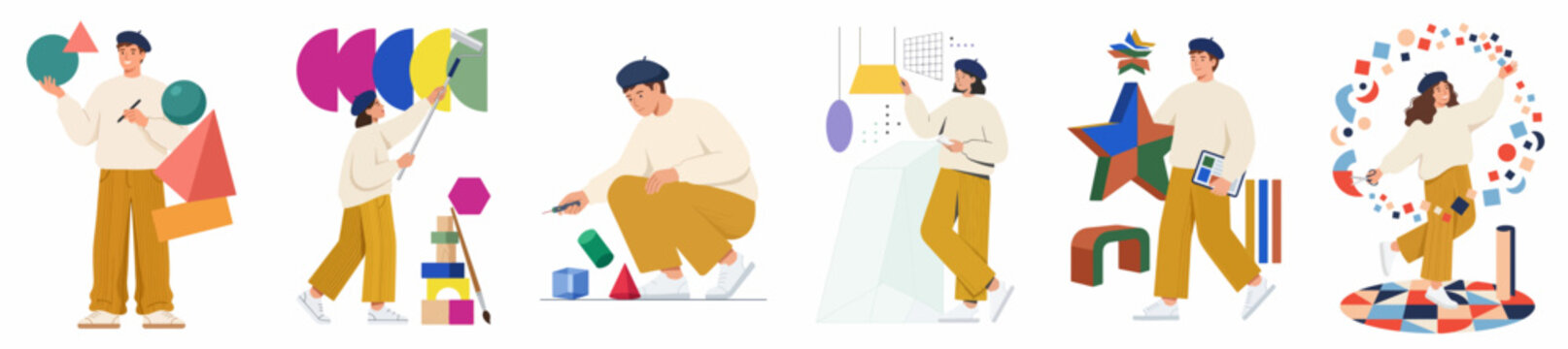 Flat vector illustrations featuring various characters interacting with colorful 3D geometric shapes to represent creativity, problem-solving, logic, and abstract design concepts.