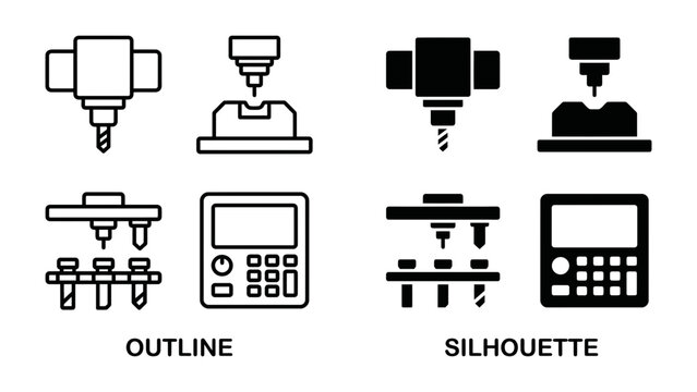 CNC Machine Icons: A collection of outline and silhouette icons representing CNC milling machines, drill bits, and control panels, symbolizing precision manufacturing and industrial automation.