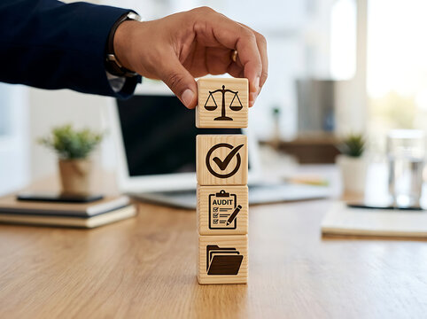 Hand stacking wooden blocks in office