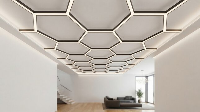 Modern hexagonal ceiling light fixture pattern illuminating interior space