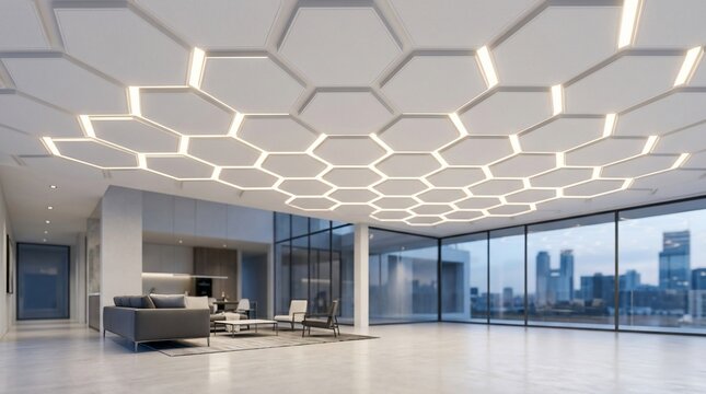 Modern hexagonal ceiling lighting design in spacious contemporary interior