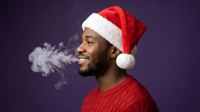 A joyful young man exhales a puff of smoke while wearing a festive santa claus hat