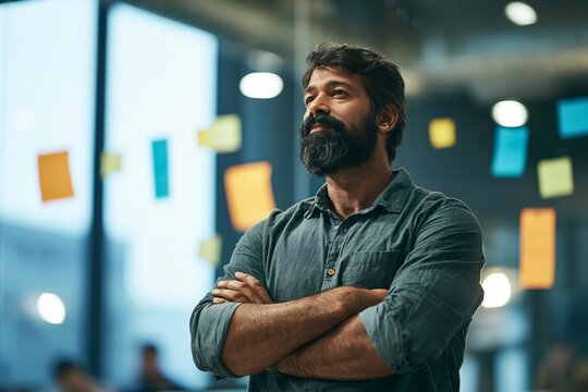 Thoughtful bearded man with arms crossed standing in modern office with sticky notes on glass