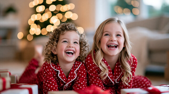 Young children sitting eagerly on the floor in front of a pile of wrapped gifts, wide excited expressions, candid unposed holiday morning moment, warm cozy living room with soft na