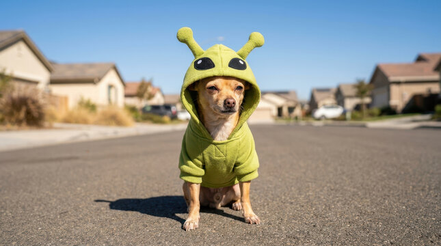 Halloween pet in spooky adorable costume, smiling dog standing on residential street under clear blue sky with joyful expression