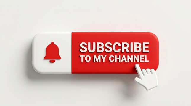3D rendered graphic design of a subscribe to my channel button with a notification bell icon.