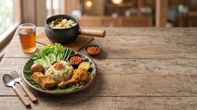 Authentic Sundanese rice meal with fried chicken, tofu, tempeh, and sambal on a rustic table