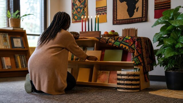 A librarian preparing a Kwanzaa themed reading corner with book titles out of frame, low angle documentary scene, for seasonal stock use