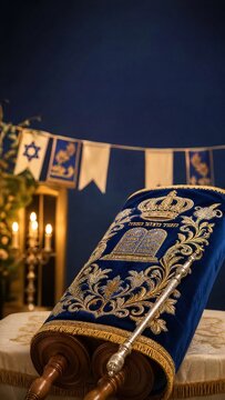 Simchat Torah Vertical Image of Decorated Torah Scroll with Silver Pointer